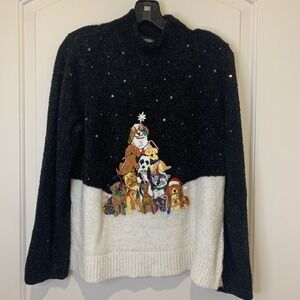Christina Rotelli Dog Christmas Tree Sweater Lrg Black White Sparkle Star Beaded